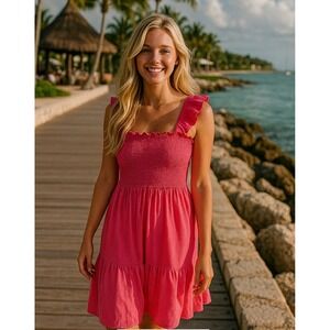 UVN Smocked Sleeveless‎ Dress Women's Size M Pink Vacation Tropical Cruise